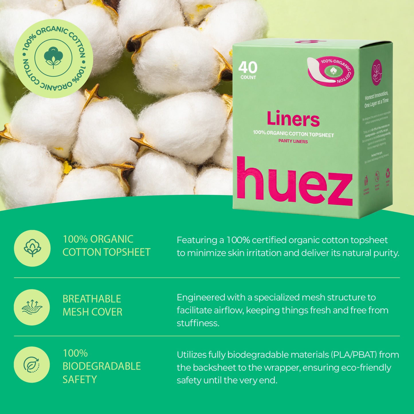 huez Pure Organic Cotton Panty Liners - 4 Pack (160 Count)